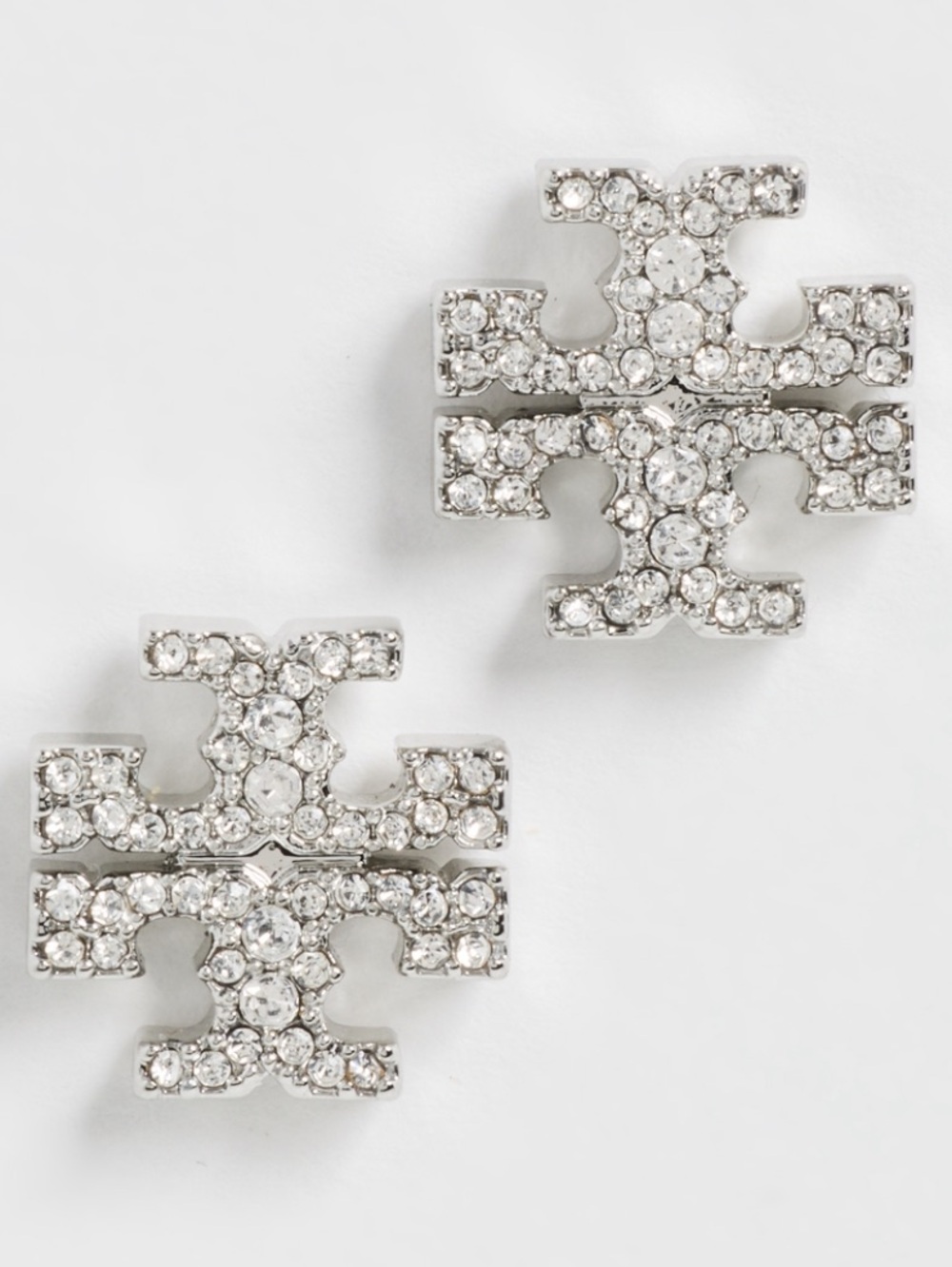 TORY BURCH SILVER ICONIC LOGO PAVÉ STUD EARRINGS